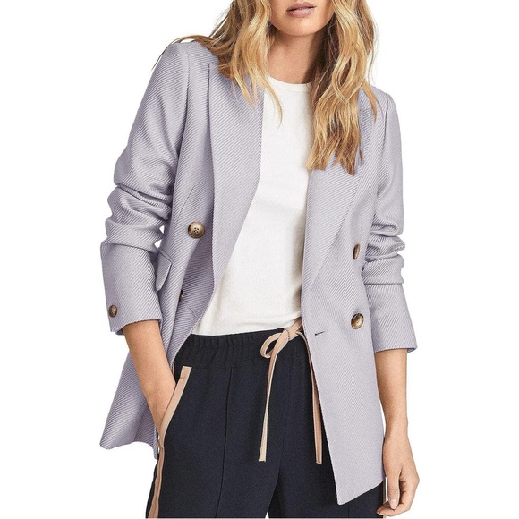 Double Breast Twill Textured Gray Blazer Work Business Office Jacket - Picture 3 of 7